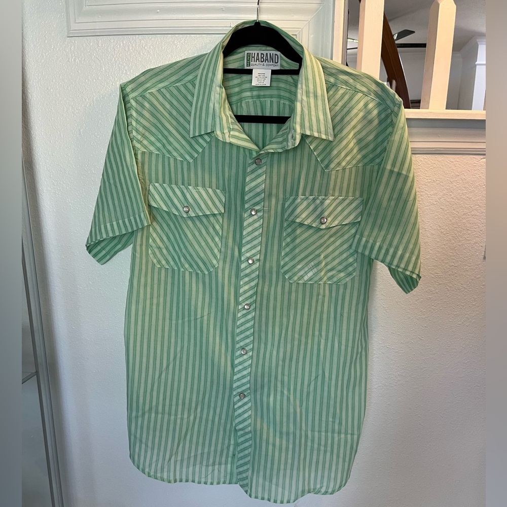 Haband Men's Mint and White Striped Short Sleeve, Pearl Snap, Shirt Sz M